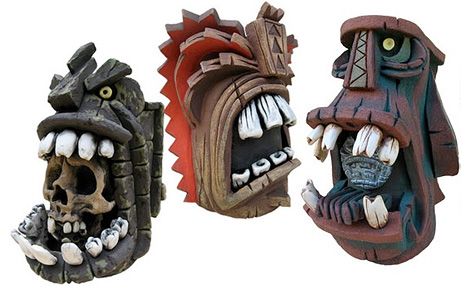 tiki gone creepy, monster mugs... Tiki Monster, Tikki Bar, Monster Head, Odd Art, Tiki Man, Tiki Statues, Tiki Mugs, Tiki Totem, Tiki Lounge