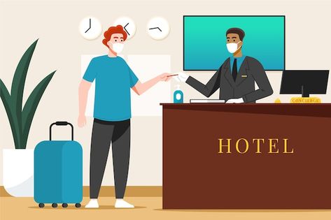 Free vector organic flat new normal in h... | Free Vector #Freepik #freevector #hotel-booking #hotel #travel-booking #inside Hotel Operations, Tidy Room, Event Menu, Bar Stock, Hotel Chain, Hotel Management, New Normal, Convention Centre, Event Management