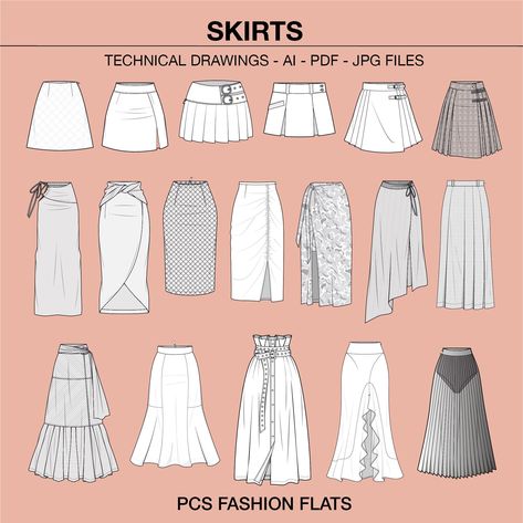 Ready to use fully editable technical drawing of skirts Automatic digital download file Great for tech packs, CAD drawing, spec sheets and expanding your library. Perfect for fashion students, designers, manufacturers and startups to use. What you will receive in the package: * AI File, these include a separate front drawings - you will be able to personalized the drawing such as shape, colour, details and add your logo * PDF version of the front technical drawing  *JPG version If you have any q Fashion Forms Drawing, Different Skirts Designs, Side Pleated Skirt, Fashion Flat Sketches Technical Drawings, How To Be A Fashion Designer, Skirt Sketches Fashion Drawings, How To Draw Skirts, How To Draw A Skirt, Pleated Skirt Drawing