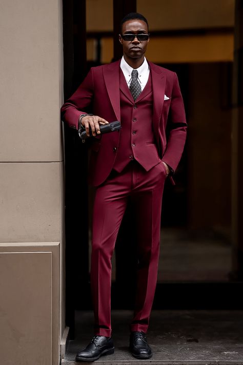 Your special occasion deserves Bordeaux. This three-piece suit embraces the richness of the moment, with its deep hue and tailored fit bringing you center stage. Command every gathering with a suit that exudes charisma.  #specialoccasionstyle #bordeauxsuit #celebrationlook #timelesselegance #galaattire #slimfitsuit #luxurysuit #formalevent #boldfashion #eveningwear Wine Color Suits For Men, Gala Attire, Modern Fit Suit, Suit Stores, Burgundy Tuxedo, Suit Styles, Slim Fit Suit Men, Vest And Pants, Lapel Jacket