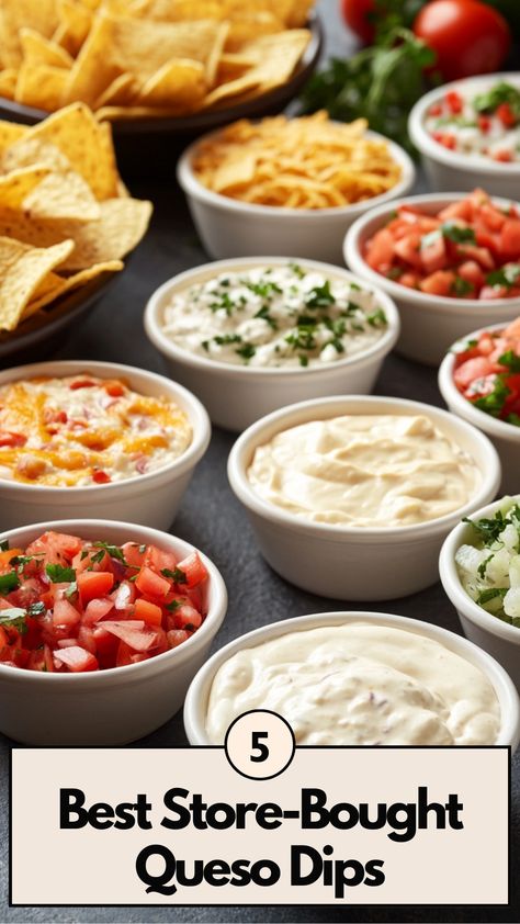 Image of various store-bought queso dip containers displayed on a table alongside a bowl of tortilla chips, showcasing the creamy and flavorful options perfect for parties or snack time. Queso Dips, The Best Queso, Best Queso, Nacho Chips, Queso Dip, Favorite Dips, Chip Dip, Nachos, Dip