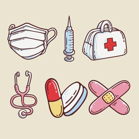 Nursing Icon Aesthetic, Medical Tools Drawing, Medication Drawing, Handrawn Icons, Nursing Doodles, Nursing Illustration, Medical Doodles, Doctor Doodle, Nurse Doodles