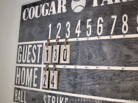 Home made score board - just like the one from PBK... except I like this one more... Pottery Barn Boys, Diy Scoreboard, Diy Wood Projects For Men, Boys Room Diy, Kids Sports Room, Baseball Bedroom, Zimmer Diy, Baby Room Wall Decor, Baseball Room