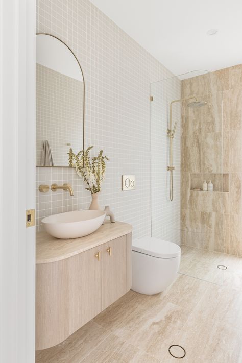 An ensuite is entirely populated by mosaic square tiles and our brushed brass tapware enhances the space perfectly. Mosaic Square Tiles, Modern Mediterranean Bathroom, Croatian House, Scandinavian Bathrooms, Modern Mediterranean Decor, Brushed Brass Tapware, Modern Scandinavian Bathroom, Modern Organic Bathroom, Ensuite Renovation