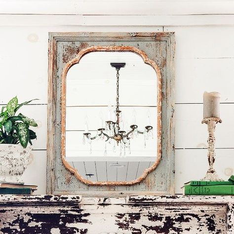 Antique Glass Mirror, Farmhouse Mirrors, Blogger Home, Decor Steals, Wooden Mirror, Mantle Decor, French Inspired, Gold Mirror, How To Distress Wood