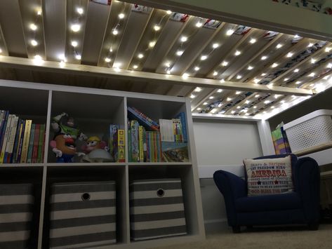 Led Lights Under Loft Bed, Space Theme Loft Bed, Fairy Lights In Boys Bedroom, Loft Bed With Lights Under, Big Boy Loft Bed, Fairy Lights Under Bunk Bed, Fairy Lights Under Loft Bed, Fairy Lights Loft Bed, Lights For Under Loft Bed