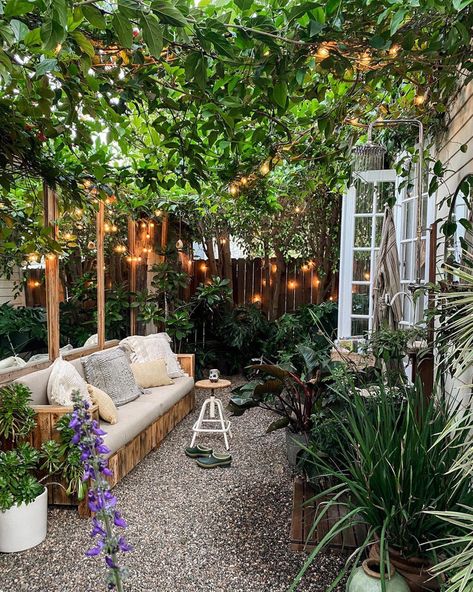 Before + After: Creating an Overhead Canopy of Vines Outdoors — The Tiny Canal Cottage Small Courtyard Gardens, Tiny Garden, Small Patio Garden, Outdoor Seating Area, Garden Shower, Small Courtyards, Bedroom Window, Backyard Spaces, Backyard Fences