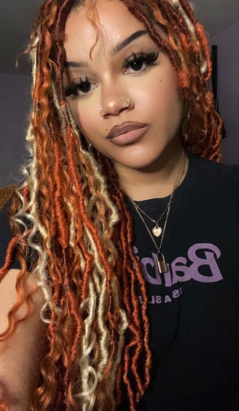 Blonde / Ginger / Orange Boho Goddess Locs Ginger And Blonde Hair Black Women Locs, Faux Locs Mixed Colors, Orange And Blonde Locs, Ginger Locs With Blonde Highlights, Strawberry Blonde Locs, Blonde Crochet Locs, Blonde And Ginger Locs, Goddess Faux Locs With Color, Orange Faux Locs