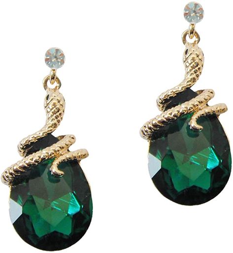 AmazonSmile: Navachi 18k Gold Plated Crystal Green Zircon Snake Drop Dangle Earrings: Clothing Bendable Necklace, Slytherin Jewelry, Slytherin Fashion, Stile Harry Potter, Snake Gift, Crystal Green, Chique Outfits, Snake Jewelry, Snake Earrings