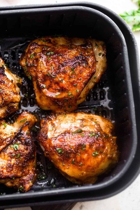 These Air Fryer Chicken Thighs are delicious, quick, and seriously crispy! With plenty of garlic and herbs, air fried chicken thighs make for an amazing meal. Crispy Air Fryer Chicken Thighs, Air Fryer Recipes Chicken Thighs, Crispy Air Fryer Chicken, Maple Chicken, Air Fryer Fried Chicken, Bbq Chicken Thighs, Air Fryer Chicken Thighs, Roasted Chicken Thighs, Air Fryer Oven Recipes