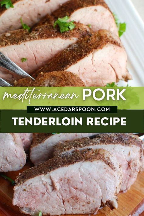 Mediterranean Baked Pork Tenderloin is tender, juicy and full of flavors from the Mediterranean. Pork tenderloin is rubbed with a warm Mediterranean spice mixture and baked to perfection. This is an easy weeknight meal the whole family will love! Mediterranean Pork Loin, Mediterranean Pork Tenderloin Recipes, Mediterranean Pork Loin Recipes, Mediterranean Diet Pork Tenderloin, Mediterranean Diet Pork Recipes, Mediterranean Pork Recipes, Mediterranean Pork Tenderloin, Mediterranean Crockpot, Pork Loun