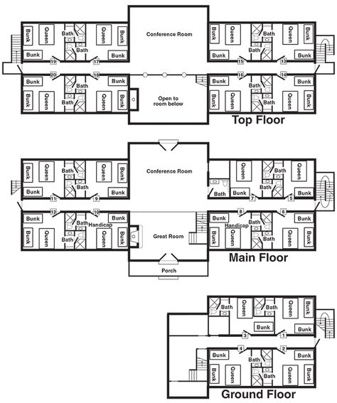 Tabby Mountain Lodge floor plan showing three levels. Guest Lodge Floor Plans, Hunting Lodge Floor Plans, Lodge Plans Layout, Hunting Lodge Plans, Mountain Lodge Floor Plans, Airbnb Cabins, Lodge Floor Plans, Ranch Bathroom, Retreat Business