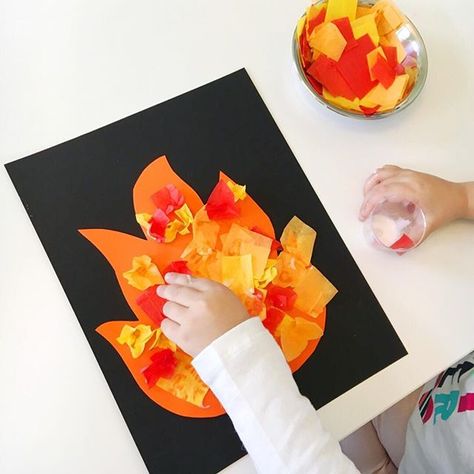 This tissue paper fire craft for #mpkpreschool was an adorable craft that incorporated lots of fine motor skill practice. Great for tot school, preschool, or even kindergarten! 👨🏼‍🚒 . Find this and more Fire Safety themed preschool activities here: bit.ly/PreschoolFireSafety . or click the link in my profile Fire Hat Craft Preschool, Fire Crafts For Kids, Tissue Paper Fire, Fire Crafts, Paper Fire, Tissue Paper Craft, Preschool Art Projects, Preschool Circle Time, Kindergarten Crafts