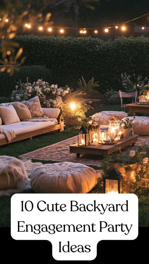 Outdoor backyard engagement party setup with charming decorations, cozy seating areas, and string lights creating a warm, intimate atmosphere for a celebration. S’mores Engagement Party, Evening Outdoor Party Decor, Engagement Outdoor Party, Simple Backyard Engagement Party, Outdoor Backyard Party Ideas, Backyard Set Up For Party, Bohemian Engagement Party, Outdoor Fall Engagement Party, Decorating For Engagement Party