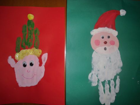 Handprint Santa and Elf Elf Handprint Art, Elf Handprint Craft, Handprint Elf, Handprint Santa, December Projects, Abc Crafts, Elf Crafts, Letter Crafts, Art Activities For Toddlers