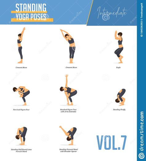 Yoga poses for concept of balancing and standing poses in flat design style. Strong Woman exercising for body stretching. Vector.. Illustration about forward, flat, plank - 184536393 Standing Twist Yoga Poses, Twist Yoga Poses, Somatic Exercise, Twist Yoga, Standing Yoga Poses, Woman Exercising, Crescent Lunge, Yoga Teacher Resources, Body Stretching