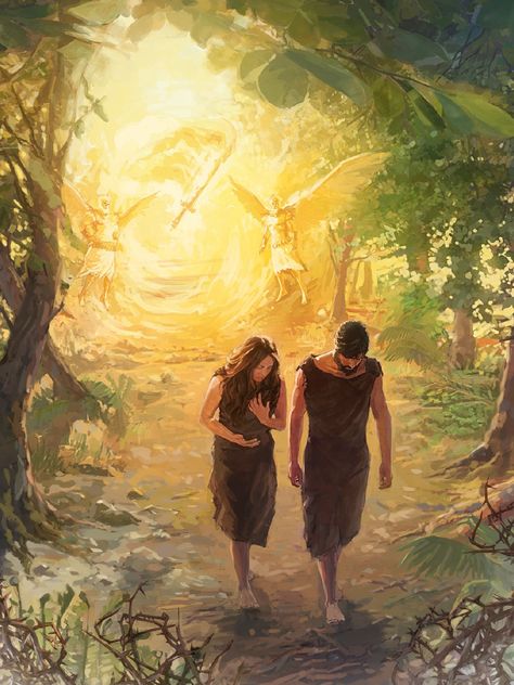 As Adam and Eve leave the garden of Eden, angels and a sword of fire guard the entrance Biblical Artwork, Jesus Scriptures, Bible Illustrations, Bible Images, Jesus Christ Art, Bible Characters, Bible Pictures, Prophetic Art, Ayat Alkitab