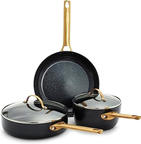 Ceramic Nonstick Cookware, Kitchen Cookware Sets, Nonstick Cookware Sets, Pots And Pans Sets, Nonstick Cookware, Pink Kitchen, Cookware Sets, Kitchen Cookware, Gold Handles