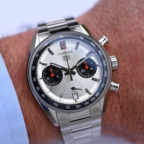 XTAG Heuer carrera Chronograph Glassbox Panda Dial (on bracelet) - 3 Panda Bracelet, 1960s Models, Tag Heuer Carrera Chronograph, Monochrome Watches, Heuer Carrera, Tag Heuer Carrera, Tag Heuer Watch, Skeleton Watches, Shield Logo