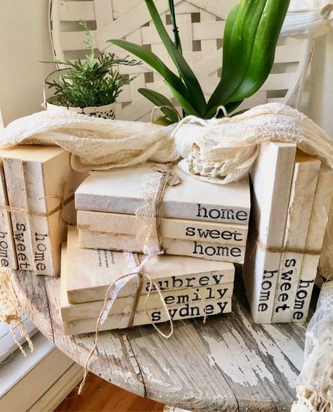 Stamped Books, Farmhouse Books, Old Book Crafts, Book Stamp, Custom Book, Painted Books, Diy Book, Stack Of Books, Farmhouse Table