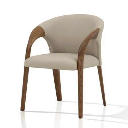 George Oliver Jovetta Arm Chair Dining Chair | Wayfair Dining Chairs With Glass Table, Dining Chair Upholstery Ideas, Modern Wood Dining Table, White Upholstered Chair, Modern Wood Dining Chair, Minimal Dining, Wood Dining Table Modern, Dining Chair Upholstery, Chairs Dining Room