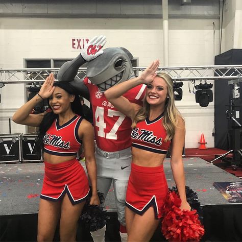 Ole Miss Cheerleaders with the new Land Shark mascot Shark Mascot, Land Shark, Ole Miss Football, Cheerleader Skirt, Allstar Cheerleading, Cute Cheer Pictures, College Cheer, Hot Fan, Halloween Coustumes