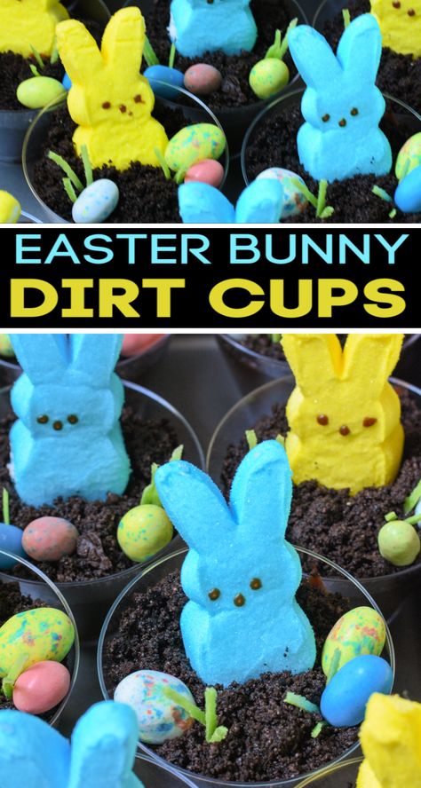 Dirt Cups Easter, Dirt Cake Ideas, Easter Dirt Cups, Oreo Dirt Cups, Easter Bunny Desserts, Peeps Dessert, Easter Oreos, Bunny Desserts, Easter Deserts