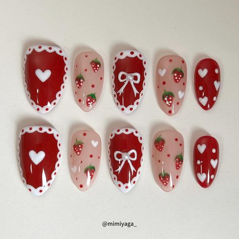 🍓🍰strawberry cake. #nail #nailart #cutenails #shortnails #kawaii #pressons #pressonnails #rednails #strawberrynails #naillove #smallbusiness #nailfashion Cute Strawberry Nail Designs, Strawberry Nail Art Design, Strawberry Milkshake Nails, Food Nail Designs, Kawaii Press On Nails, Cool Nail Inspo 2024, Cute Strawberry Nails, Nail Art Strawberry, Strawberry Nails Designs