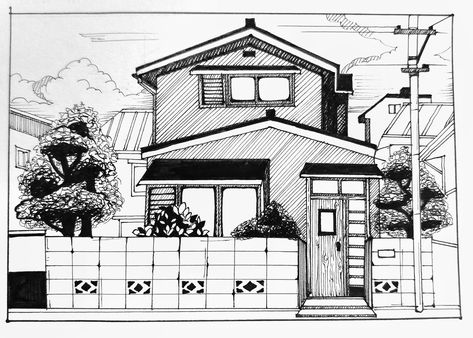 House illustration of Nobita's house Doraemon 🩵 Architecture Doodle Illustration, Doraemon House Drawing, Nobita House Drawing, House Drawing Sketches Simple, Doraemon Sketch, Nobita House, Simple House Sketch, Doraemon House, Doraemon Drawing