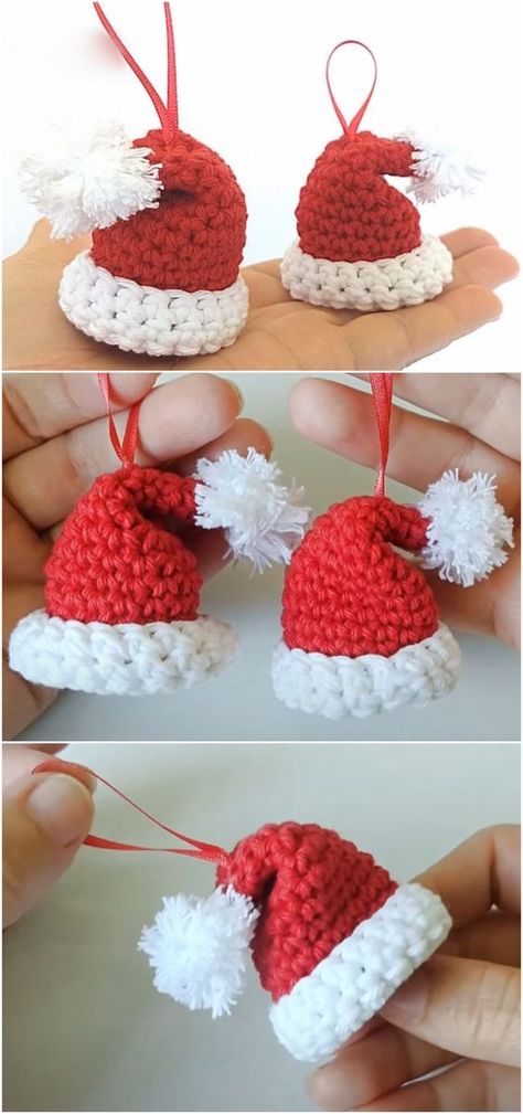 Crochet Santa Hat, Crochet Christmas Ornaments Free, Crochet Ornament Patterns, Christmas Crochet Patterns Free, Crochet Santa, Crochet Xmas, Crochet Christmas Decorations, Crochet Ornaments, Holiday Crochet