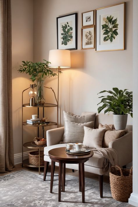 A cozy transitional coffee corner featuring a stylish side table, a comfy armchair, and vibrant plants, showcasing the perfect blend of comfort and design. Corner Of Living Room Ideas, Awkward Corner Decor, Corner Living Room Ideas, Corner Styling, Living Room Corner Ideas, Cozy Coffee Corner, Corner Of Living Room, Coffee Corner Ideas, Corner Table Living Room