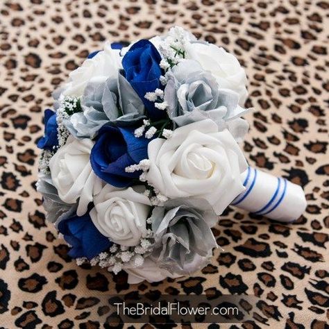 Dallas Cowboys Wedding, Royal Blue Bouquet, Fountain Wedding Cakes, Modern Wedding Flowers, Blue Wedding Bouquet, Silk Wedding Bouquets, Cowboy Wedding, Royal Blue Wedding, Babies Breath