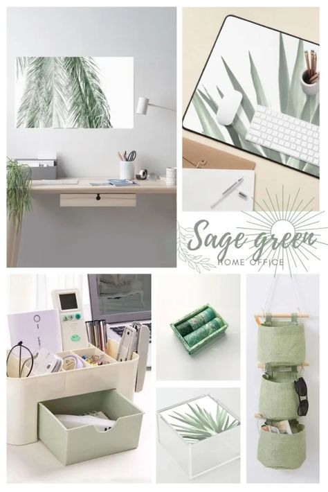 Light Green Office Decor, Office Decor Sage Green, Green Desk Aesthetic Office, Sage And Gold Office, Sage Home Office Ideas, Eucalyptus Office Theme, Sage Green Cubicle Decor, Green And Cream Office, Sage Green Desk Decor