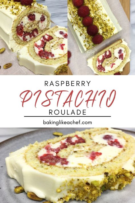 Three pictures featuring sliced raspberry pistachio roulade. Rolled Cake, Raspberry Pistachio, Roulade Recipe, White Chocolate Cream, Pistachio Dessert, New Year's Desserts, Pistachio Recipes, Cake Roll Recipes, Vegan Candies