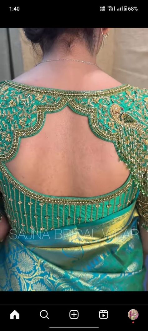 Buy Stone Studded Gold Work Kardana N Zardosi Net Hands Work Blouse Ready to Wear Online in India - Etsy Zardosi Work Blouse, Green Blouse Designs, Stone Work Blouse, Netted Blouse Designs, Aari Blouse, Latest Model Blouse Designs, Net Blouses, Blouse Design Images, Wedding Blouse Designs