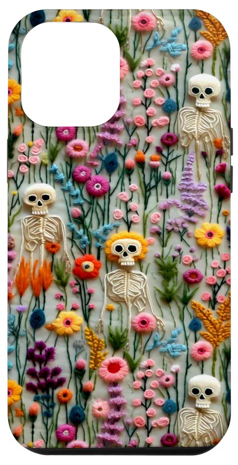 PRICES MAY VARY. Retro Skull in Flowers Bloom - Vintage Skeletons Embroidered Floral Charm Flower Filed - Halloween Cottagecore Skull Skeleton Bone Colorful Embroidery Two-part protective case made from a premium scratch-resistant polycarbonate shell and shock absorbent TPU liner protects against drops Printed in the USA Easy installation Boho Skeleton, Skull Art Design, October Season, Halloween Cottagecore, Ghosts And Pumpkins, Floral Field, Floral Halloween, Charm Phone, Gothic Elegance