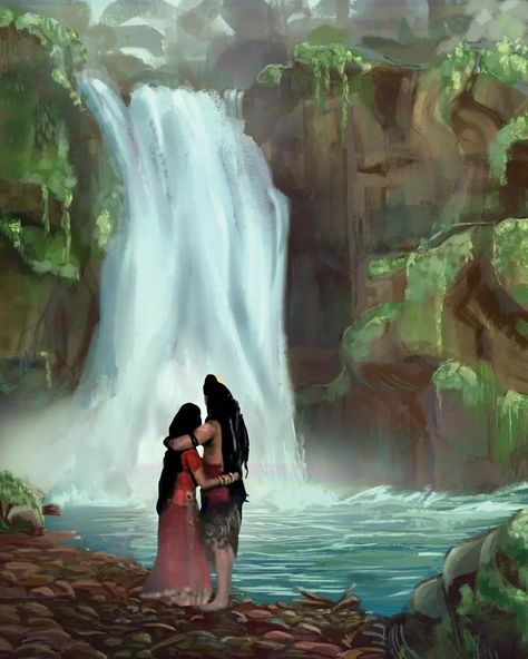 Lord Shiva and Parvati in waterfall in creative art painting wallpaper Shiva Parvati Images Hd Love Aesthetic, Shivji And Parvati Ji Aesthetic, Shiv Parvati Aesthetic Wallpaper, Shiv Parvati Hd Wallpaper Aesthetic, Shivji And Parvati Ji, Shiva Parvati Images Hd Love, Om Hd Wallpaper 1080p, Shiv Parvati Hd Wallpaper, Shivparvati Images