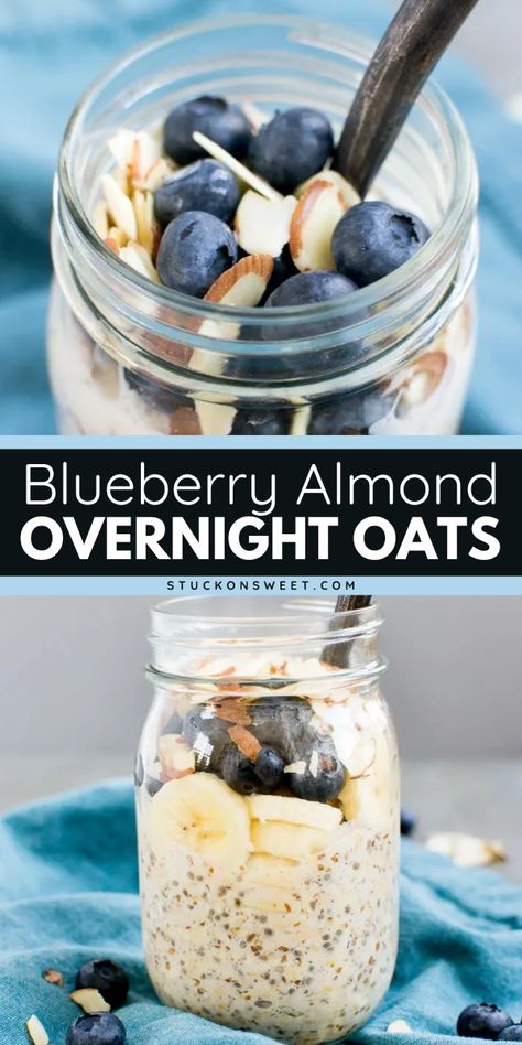 Looking for summer breakfast recipes? You'll love this easy blueberry almond overnight oats in the morning! This healthy overnight oat recipe is so simple to prepare. Just make the oats then top with almonds, blueberries, and bananas! Delicious! Overnight Oats Banana Blueberry, Blueberry Overnight Oats With Yogurt, Easy Healthy Overnight Oats, Overnight Oats Recipe Blueberry, Blueberry Overnight Oats Healthy, Overnight Oats With Blueberries, Overnight Oats Blueberry, Blueberry Banana Overnight Oats, Simple Overnight Oats