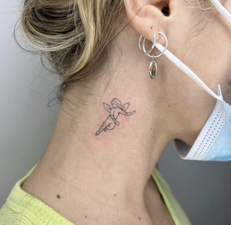 Behind Ear Tattoo Angel, Angel Behind Ear Tattoo, Angel Tattoo Behind Ear, Ear Tattoo Ideas, Girl Back Tattoos, Angel Tattoo, Artistic Inspiration, Back Tattoos, Lotus Flower Tattoo