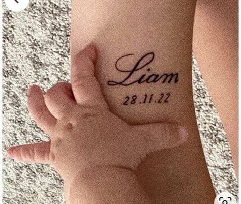 Liam Tattoo Name Cursive, Baby Girl Name Tattoo Ideas, Tattoo Ideas Female Kids Names, Liam Name Tattoo, Levi Name Tattoo, Tattoos Names Ideas, Name On Forearm Tattoo, Last Name Tattoo For Women, Kids Names Tattoos For Women