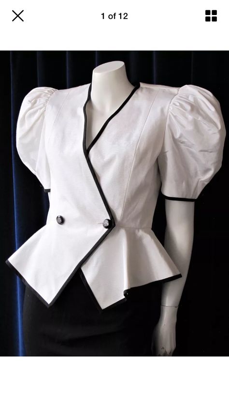 80s puff sleeve jacket top peplum white black Black 80s Fashion, Puff Sleeve Jacket, Big Sleeves, Power Puff, Classy Chic, Accessories Vintage, Puffed Sleeves Dress, Sleeve Jacket, Boys Casual