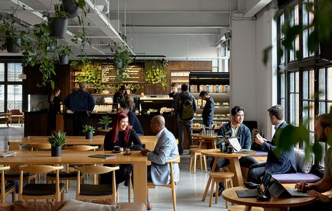 Cafe And Coworking Space, Indoor Community Space, Coworking Cafe Design, Work Space Cafe, Co Working Space Architecture, Communal Cafe, Cowork Space, Community Space Design, Urban Cafe