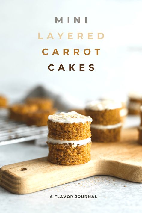 mini layered carrot cakes are easy and fun to make! they're the perfect hands-on recipe for Easter, or really any time of year. Layered Carrot Cake, Mini Carrot Cakes, Carrot Cake Dessert, Easter Cupcakes Easy, Mini Carrot Cake, Mini Cake Recipe, Sweets Ideas, Chocolate Peanut Butter Desserts, Baked Breads