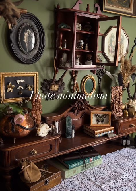 Museum Like Home Decor, Dark Antique Decor, Hobbit Aesthetic Home Interior, Dark Academia Storage Ideas, Toy Collection Room Ideas, Dark Academia Room Green, Hobbit Interior Design, Vintage Decoration Ideas, Green Dark Academia Room