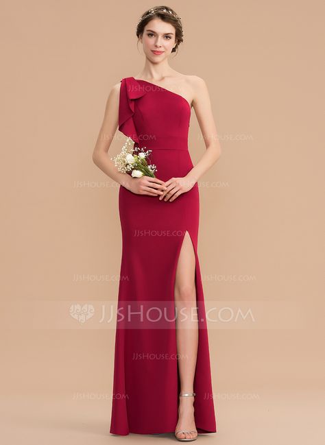 (in pink) Sheath/Column One-Shoulder Floor-Length Stretch Crepe Bridesmaid Dress With Split Front (007176742) - Bridesmaid Dresses - JJ's House Dress Nikahan, Crepe Bridesmaid Dress, Pattern Clothes, Chic Prom Dresses, Summer Bridesmaid Dresses, One Shoulder Bridesmaid Dresses, One Shoulder Bridesmaid, Dress With Split, Frock Patterns