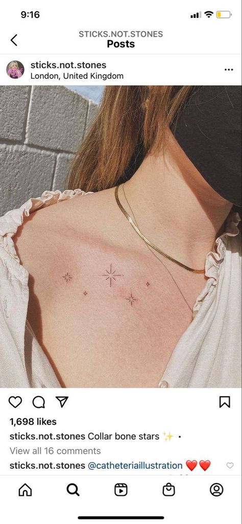 Under Collar Bone Tattoos, Best Feminine Tattoos, Star Tattoo On Shoulder, Woman Angel, Colour Tattoo For Women, Sparkle Tattoo, Small Star Tattoos, Shoulder Blade Tattoo, Bone Tattoos