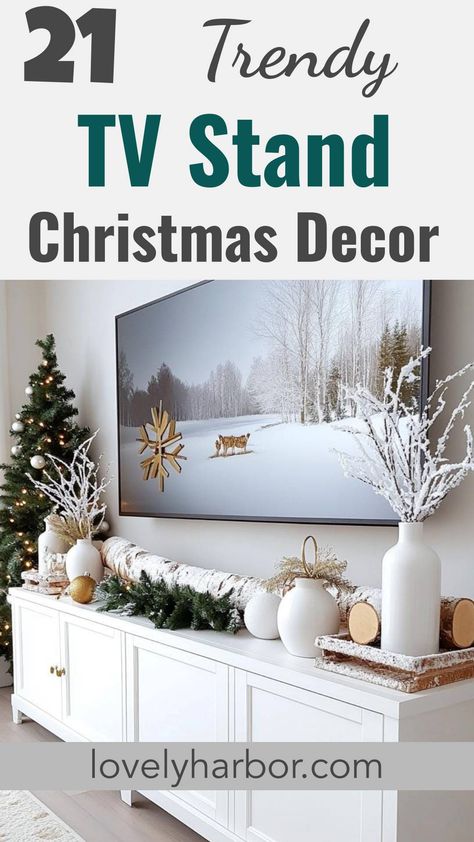 21 Trendy Tv Stand Christmas Decor Ideas To Inspire You Minimalist Christmas Decor Tv Stand, Tv Stand Christmas Decorations, Christmas Decor Ideas For Tv Console, How To Decorate Tv Stand For Christmas, Christmas Decor For Tv Console, Tv Table Christmas Decor, Christmas Decor Ideas For Tv Stand, Tv Stand Decor Christmas, Christmas Decor Under Tv