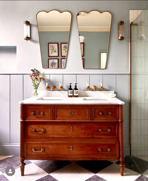 Bathroom Dresser Vanity, Edwardian Bathroom Ideas, Bathroom Vanity Antique, Edwardian Bathroom, Vanity Antique, Beadboard Bathroom, Dresser Vanity, Tuscan House, Double Vanity Bathroom