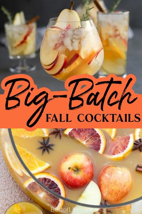 Make the best big batch cocktails for fall that encompass the flavors of the season for dinner parties or any occasion. Fall Party Recipes | Fall Dinner Party Recipes | Fall Cocktail Recipes | Cocktail Recipes for a Crowd | Fall Cocktails for a Crowd | Cocktails with Apples Cocktail with Cinnamon | Bourbon Cocktail Recipes | Party Punch Recipes for Fall | Punch Recipes with Alcohol Yummy Fall Alcoholic Drinks, Drinks To Serve At A Party, Tailgate Batch Cocktail, Easy Large Batch Fall Cocktails, Big Batch Drinks Non Alcoholic, Punch Bowl Cocktails Alcohol, Fall Cocktails Big Batch, Fall Mixed Drinks For A Crowd, Apple Cider Cocktails For A Crowd