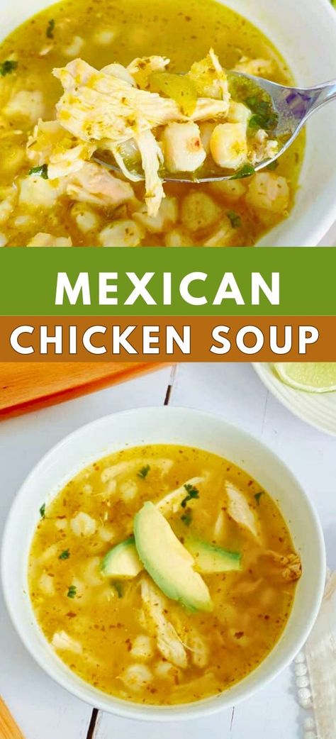 This Chicken Pozole Soup is a hearty and flavorful soup. Tender chicken is simmered in a rich and spicy broth with hominy, chili peppers, and vegetables in this comforting Mexican dish. This satisfying soup is the perfect comfort food for the season. Chicken And Hominy Recipes, Chicken Tortilla Soup With Hominy, Hominy Soup Recipes, Hominy Chili, Vegetable Broth Soup, Pozole Soup, Hominy Soup, Chicken Posole, Mexican Soups